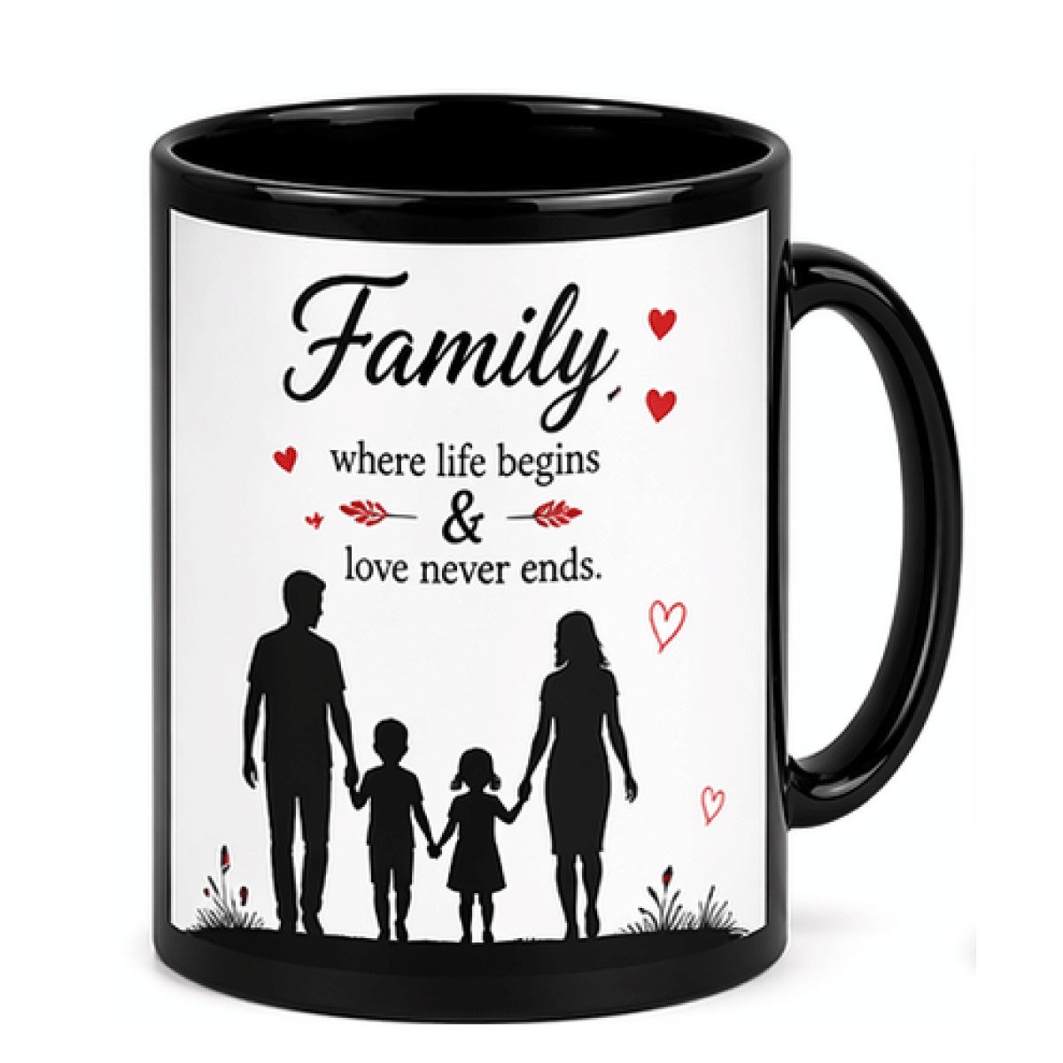 Custom black coffee mug with family quote design for gifting and home use