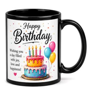 Personalized black mug with birthday cake design for birthday gift