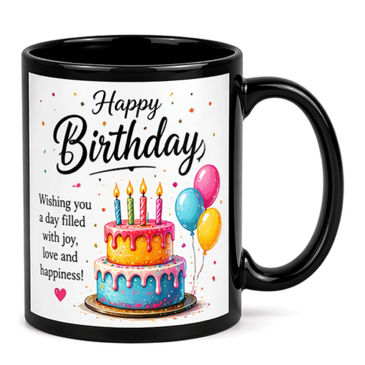 Personalized black mug with birthday cake design for birthday gift