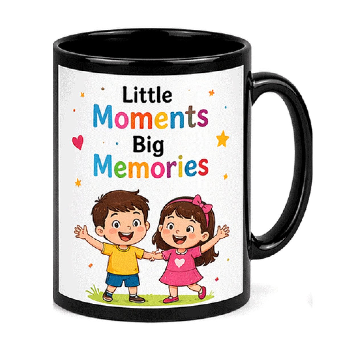 Personalized black mug with kids illustration and memories quote design