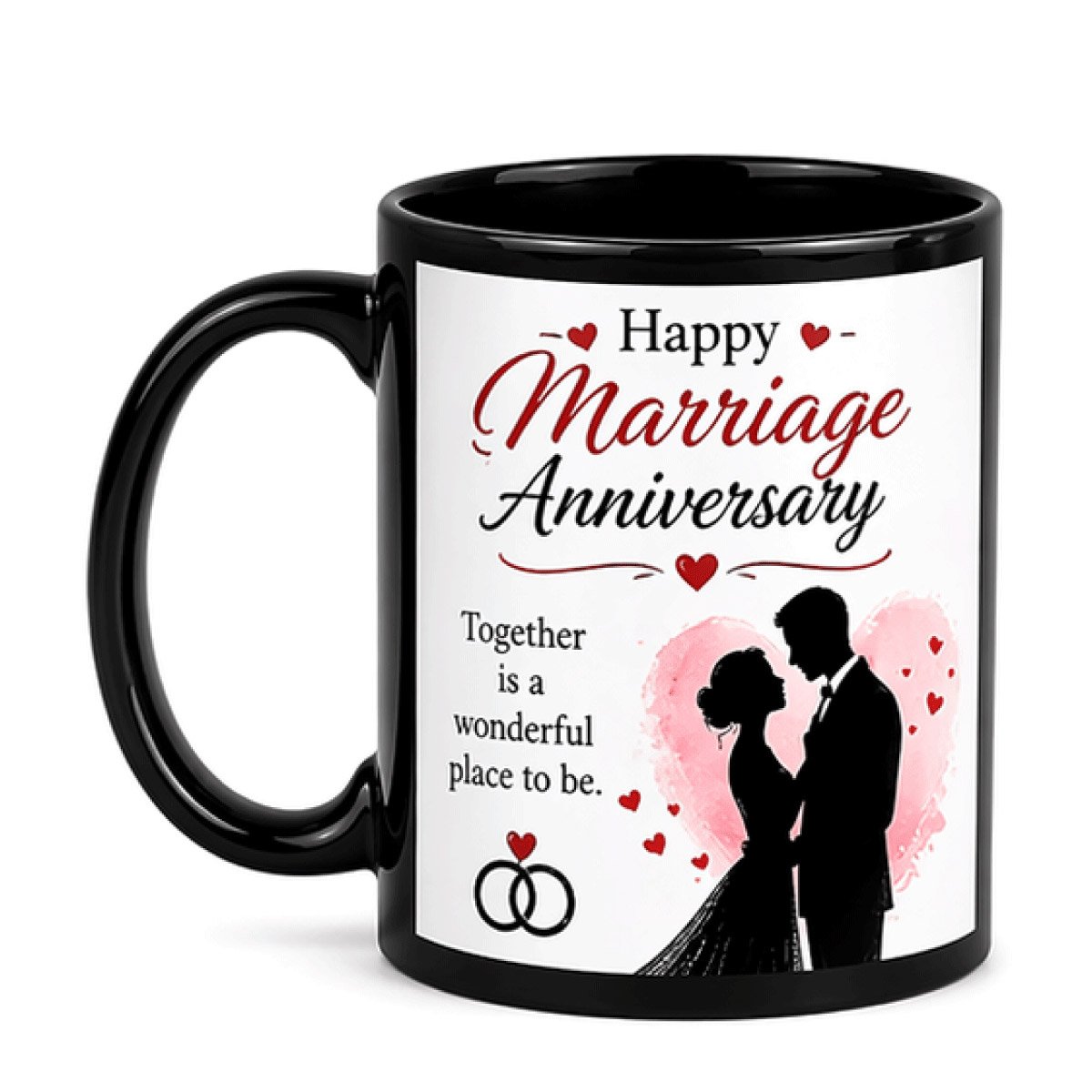Custom black coffee mug with happy marriage anniversary design for couples gift