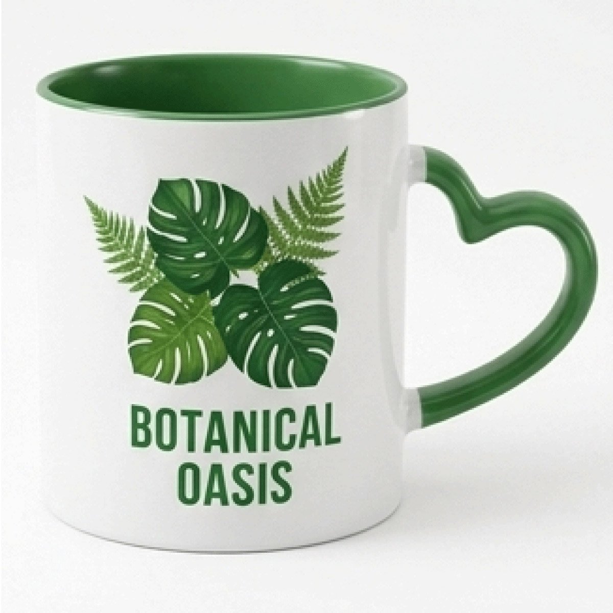 Personalized green heart handle mug with botanical leaves design