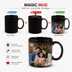 Custom magic mug with heat reveal photo effect showing image when hot liquid is added