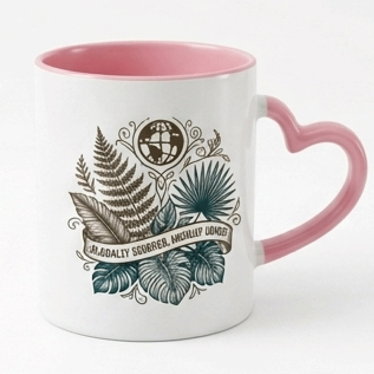 Custom pink heart handle mug with botanical badge design for gifting
