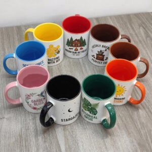 Custom two-tone printed mugs in India with multicolor handles and personalized designs for corporate gifting