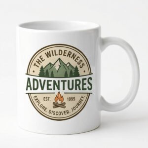 White coffee mug with wilderness adventure design for travel and outdoor lovers