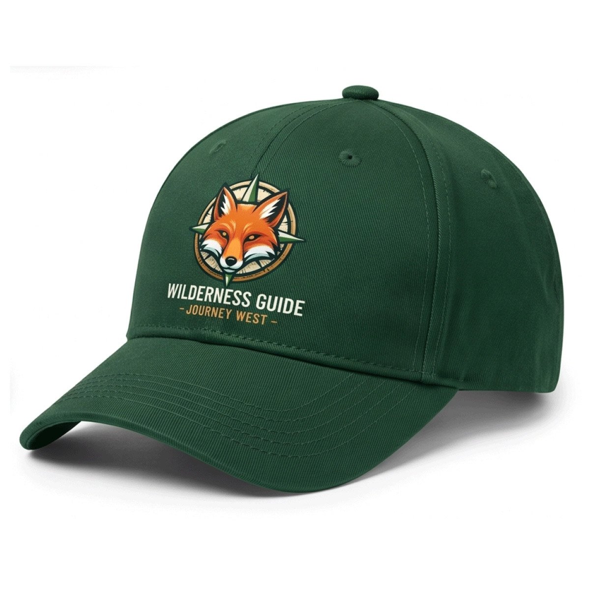 Green custom cap with fox wilderness guide logo printed