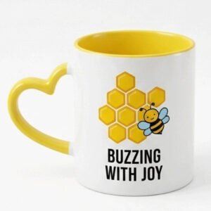 Custom yellow heart handle mug with bee design and buzzing joy quote