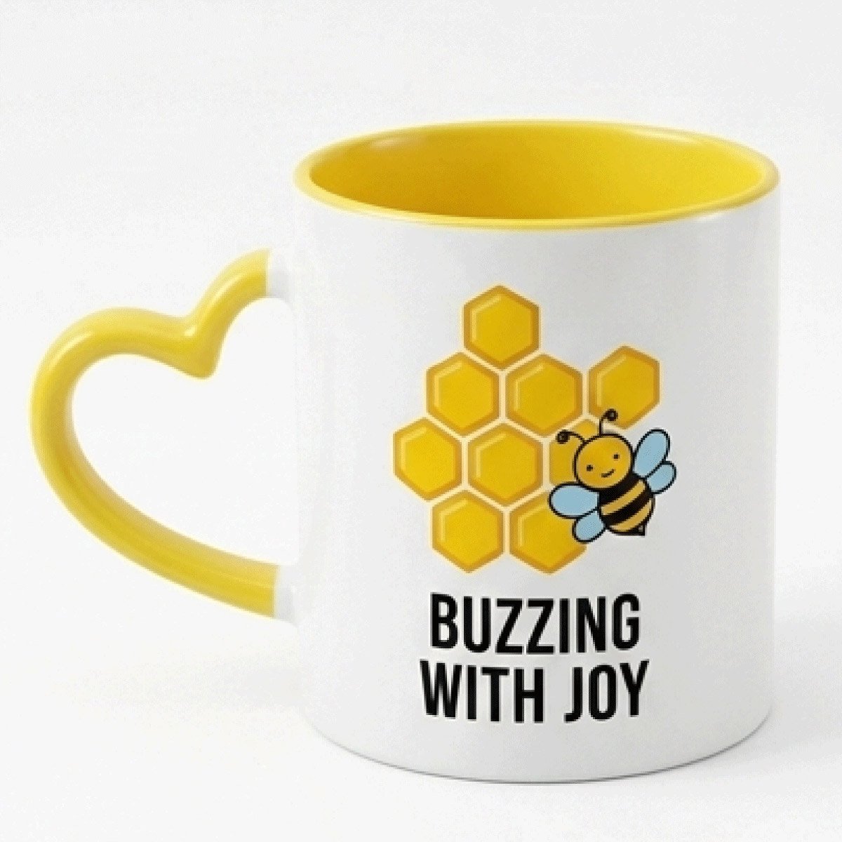 Custom yellow heart handle mug with bee design and buzzing joy quote